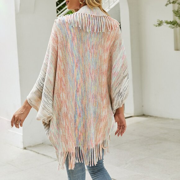 2/$40 Knit Cardigan Sweater Fringe Tassel Shawl Poncho Beige Colorful Open Front - Picture 6 of 7